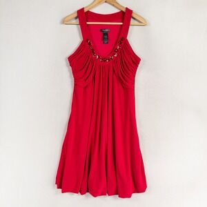 Bisou Bisou Dress Sz 6 Red Stretch Knit Bubble Hem Embellished Neckline Party